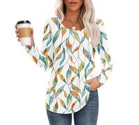 MOLERANI Langarmshirt Damen Elegant Oberteile Rundhals Locker T-Shirt mit Plissee Casual Basic Shirt Bluse Baues Gelbes Blatt 2XL