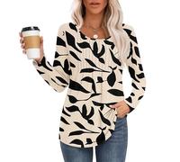 MOLERANI Langarmshirt Damen Elegant Oberteile Rundhals Locker T-Shirt mit Plissee Casual Basic Shirt Bluse Aprikose Schwarzes Blatt L