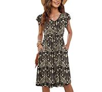 MOLERANI Strandkleid Button-Down Rüschen Ärmel V-Ausschnitt Casual Swing Taille Midi Kleid mit Taschen Paisley Floral Schwarz L