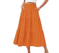 MOLERNAI Damen Rock Sommer Hohe Taille Einfarbig Maxirock Stufenrock Elegant A-Linie Freizeitrock Rock mit Taschen Orange L