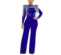 Molilove Damen Sexy Overall Elegant Langarm Bodycon Durchsichtig Mesh Durchsichtig Strass Casual Lose Jumpsuits, 1-Blau, X-Large