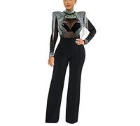 Molilove Sexy Damen-Jumpsuit, elegant, langärmelig, figurbetont, durchsichtig, Netzstoff, durchsichtig, Strass, lässig, lockerer Jumpsuits, Schwarz, X-Large