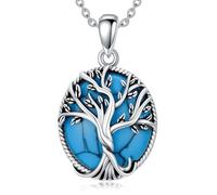 Molioaki 925 Sterling Silber Ovale Halskette mit echtem Türkis und Lebensbaum-Anhänger, Schmuck, Geschenk für Frauen und Mütter