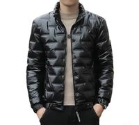 Moliuoly Men Glossy Cotton-Padded Parka Stand Collar Warm Coat | Glossy finish, cotton-padded warmth, stand collar design, long sleeve, solid color pattern