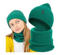 molti Kinder Beanie und Schlauchschal - Merino Wolle, Strickmütze und Loop Schal für Jungen & Mädchenwarm & atmungsaktiv, Frühling & Herbst, in 5 Farben (Dunkelgrün)