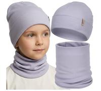 molti Kinder Set Mütze & Schlauchschal, Baumwolle 92%, elastisch, doppellagig, OEKO-TEX®, Übergang Frühling Herbst, für Kinder 3-16 Jahre, Gr. 50-54, Blau (Lila, 52-54)