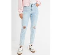 Mom-Jeans BONPRIX, Damen, Gr. 50, N-Gr, blau used, Denim/Jeans, Obermaterial: 82% Baumwolle, 17% Polyester, 1% Elasthan, regular fit, Jeans, modischer Schnitt, Regular Fit, ausgefranster Saum (9198860