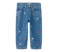 Mom-Jeans NAME IT "NMFBELLA MOM DNM EMB JEANS 5526-BP", Mädchen, Gr. 122, N-Gr, blau (medium blau denim aop:emb), Denim/Jeans, Obermaterial: 100% Baumwolle, Abriebeffekte, bestickt, mom fit lang, Jean