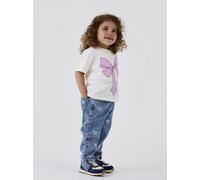 Mom-Jeans NAME IT "NMFBELLA MOM EMB JEANS 3285-BE NOOS", Mädchen, Gr. 110, N-Gr, medium blau denim, Denim/Jeans, Obermaterial: 100% Baumwolle, bestickt, leichte Abriebeffekte, bequem lang, Jeans (3495
