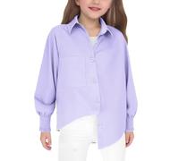 Momolaa Girls Button Down Shirts Kids Long Sleeve Dress Shirts School Uniform Blouse with Pocket Warm Tops (Purple, 8-9 Years)