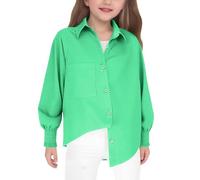Momolaa Girls Button Down Shirts Kids Long Sleeve Dress Shirts School Uniform Blouse with Pocket Warm Tops (Green, 8-9 Years)