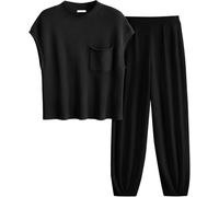 Momuk Damen Outfits Casual 2 Stück Kurzärmeliger Pullover aus Rippenstrick Hose mit hoher Taille und weitem Bein LoungeWear Trainingsanzug Passende Sets (Schwarz XXL)