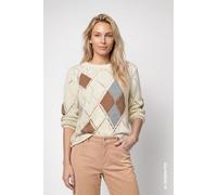 Strickpullover MONARI "Pullover Rauten Ajour", Damen, Gr. 40, beige (weiß), Strick, Obermaterial: 60% Baumwolle, 40% Polyacryl, Rautenmuster, regular fit taillenbedeckt, Rundhals, eingesetzt Rippstric