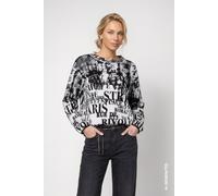 Rundhalspullover MONARI "Pullover Buchstabenjacquard", Damen, Gr. 40, schwarz-weiß (schwarz gem), Strick, Obermaterial: 100% Baumwolle, gemustert, regular fit taillenbedeckt, Rundhals, eingesetzt eing
