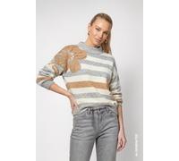 Monari Damen Strickpullover mit weicher Haptik Ringel & Blume hellgrau melange Rundhals Gr. 42