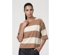 Sweatshirt MONARI "Sweatshirt Ringel + Colourblock", Damen, Gr. 40, braun (hellraun rin), Web, Obermaterial: 83% Viskose, 14% Polyester, 3% Elasthan, gestreift, regular fit taillenbedeckt, Rundhals, e