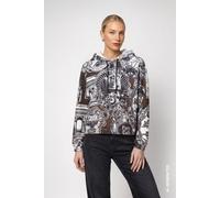 Sweatshirt MONARI "Sweatshirt Emblem allover", Damen, Gr. 44, schwarz-weiß (schwarz gem), Sweatware, Obermaterial: 55% Polyester, 38% Viskose, 7% Elasthan, gemustert, regular fit taillenbedeckt, Rundh