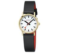 Mondaine Classic Armbanduhr Damen, 30mm, IP 1N14 vergoldet, schwarzes veganes Lederarmband, Schweizer Quarzwerk, Saphirglas, wasserdicht 5 ATM, Elegantes Design