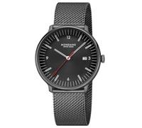 Mondaine Doppio Uhr 41mm Schwarz, Schweizer Quarzwerk, Datumsanzeige, 5 ATM, Edelstahlgehäuse (91% recycelt), Mesh-Armband - Swiss Made Eleganz