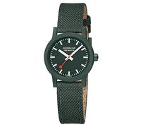 Mondaine Essence Schweizer Damen Armbanduhr mit grünem Textil-Kork-Armband, typischer Bahnhofsuhr-Style, Durchmesser 32mm