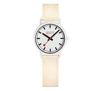 Mondaine Essence Schweizer Damen Armbanduhr mit veganem, weißem Textil-Armband, typischer Bahnhofsuhr-Style, Durchmesser 32mm, Gehärtetes Mineralglas