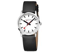 Mondaine Simply Elegant Schweizer Unisex Armbanduhr mit schwarzem Lederarmband, typischer Bahnhofsuhr-Style, Durchmesser 36mm