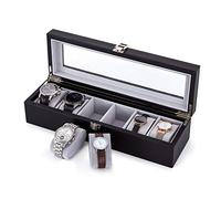 Mondeer Uhrenbox, Uhrenkasten für 6 Uhren mit Glasfenster, 34.5 x 11 x 8.5cm, Kunstleder und Samt-Innenfutter Watch Box mit Silbernem Metallverschluss, Schwarz