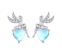 Mondstein Fee Ohrringe für Damenn Mädchen - Qings Sterling Silber 925 Engel Elfe Ohrstecker Herz Regenbogen Moonstone Earrings Geburtstag Weihnachten Geschenk