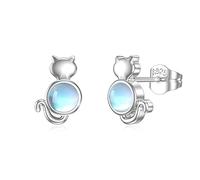 Mondstein Ohrstecker, Herz Mondstein/Igel/Einhorn/Mond Stern/Pinguin Ohrstecker 925 Sterling Silber Regenbogen Mondstein Ohrstecker Hypoallergene Ohrringe für Damen Kinder (Katze Ohrstecker)