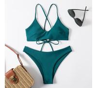 Mono Bikini Set Lace Up Band hinten Top & Unterteil mit hohem Ausschnitt, 2 teilige Bademode