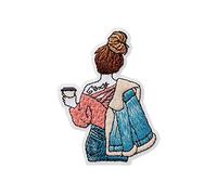 Mono Quick 1222x Girls Applikation, Bügelbild, Girl mit Kaffee, Handy, Buch, Collegejacke oder Cap Patch (12225 - Kaffee)