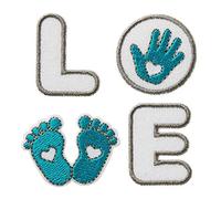 Mono Quick 4er Baby Love, türkis oder rosa Applikationen, Bügelbild - Händchen Füßchen Sticker Aufnäher (18107 - Baby Türkis)