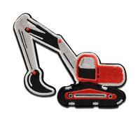 Mono-Quick Bagger Rot Aufnäher zum Aufbügeln 7,6 x 9 cm Bügelbild für Kinder mit Bauernhof Baustelle Action Spielspaß, Bügelpatch Patches Bügelflicken Kindergeburtstag