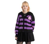 Monster High Schwarz-lila gestreifte Strickjacke für Damen Alumni | Langärmliger V-Ausschnitt mit Knopfverschluss | Alltagskleidung und Freizeitoutfits | Cartoon-Design
