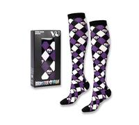 Monster High Skullette Damen-Kniestrümpfe mit Argyle-Muster in Schwarz, Weiß und Lila | Retro-Cartoon-Schuhe | Stilvolles Skullette-Grafikdesign