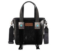 MONTANA WEST Wrangler Tragetasche aus Rindsleder für Damen, Western-Werkzeugtasche, Lederfransen mit türkisfarbenem Stein-Concho, Western Black, Large