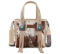 Montana West Wrangler Tragetasche aus Rindsleder für Damen, Western-Werkzeugtasche, Lederfransen mit türkisfarbenem Stein-Concho, Medium
