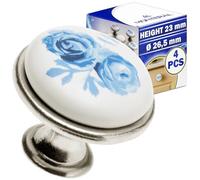 MONTERAL 4 Stück Möbelknöpfe Ø26,5 mm H23 mm - Motiv Blaue Rosen - Schrankknöpfe aus Zink-Aluminium Legierung - Schrankgriffe in Farbe Antik Silber und Weißes Porzellan - Garantie 10 Jahre
