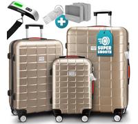 Monzana® 3tlg Kofferset TSA Schloss Organizer Kofferwaage Gel-Griffe Zwillingsrollen Standfüße Trolley Reisekoffer Hartschale Koffer M-L-XL Champagner