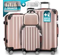 Monzana® 4tlg. Kofferset mit Beautycase, Rose - M-L-XL - inkl. Schloss, Organizer & Kofferwaage - Gurt Gel-Griffe, Zwillingsrollen, Standfüße, Trolley, Reisekoffer, Hartschalenkoffer, Gepäck-Set