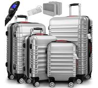 Monzana® 4tlg Kofferset Schloss Organizer Kofferwaage Gurt Gel-Griffe Zwillingsrollen Standfüße Trolley Reisekoffer Hartschale Koffer S-M-L-XL Silber