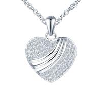MOOFUN Zirkon Herz Halskette fur Damen- 925 Sterling Silber Kette mit Liebe Anhänger Hypoallergen Silber Schmuck mit Funkelnd Edelstein und Streifen Romantisch Geschenke für Frauen