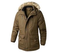 Moollyfox Herren Parka Lang Wintermantel mit Abnehmbarer Fellkapuze Warme Samtfutter Gefütterte Wintermantel Steppjacke Outdoor Übergangsjacke Erdiges Gelb XXL