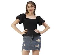 Moomaya Crop-Top Aus Fester Baumwolle Mit Kurzen Ärmeln Für Frauen, Gesmoktes, Lässiges Schößchen-Top
