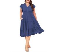 Moon Wood Damen-Midikleid mit V-Ausschnitt, Rüschen, 2025, lässig, fließend, gestuft, mit Taschen, Marineblau, XXX-Large Mehr