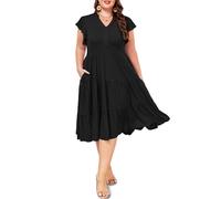 Moon Wood Damen-Midikleid mit V-Ausschnitt, Rüschen, 2025, lässig, fließend, gestuft, mit Taschen, Schwarz, XX-Large Mehr