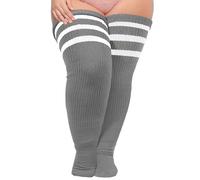 Moon Wood Damen Plus Size Extra Lange Socken Overknee Strümpfe Überknie Kniestrümpfe Thigh High Socks Soft Thermo Oberschenkelhohe Socken mit Garter Grau weiß
