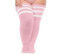 Moon Wood Damen Plus Size Extra Lange Socken Overknee Strümpfe Überknie Kniestrümpfe Thigh High Socks Soft Thermo Oberschenkelhohe Socken mit Garter Rosa Weiß