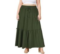 Moon Wood Damen Sommerrock Langer Rock Maxirock Stretch Hohe Taille Plisseerock mit Taschen Armeegrün XL