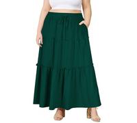 Moon Wood Damen Sommerrock Langer Rock Maxirock Stretch Hohe Taille Plisseerock mit Taschen Dunkelgrün XL